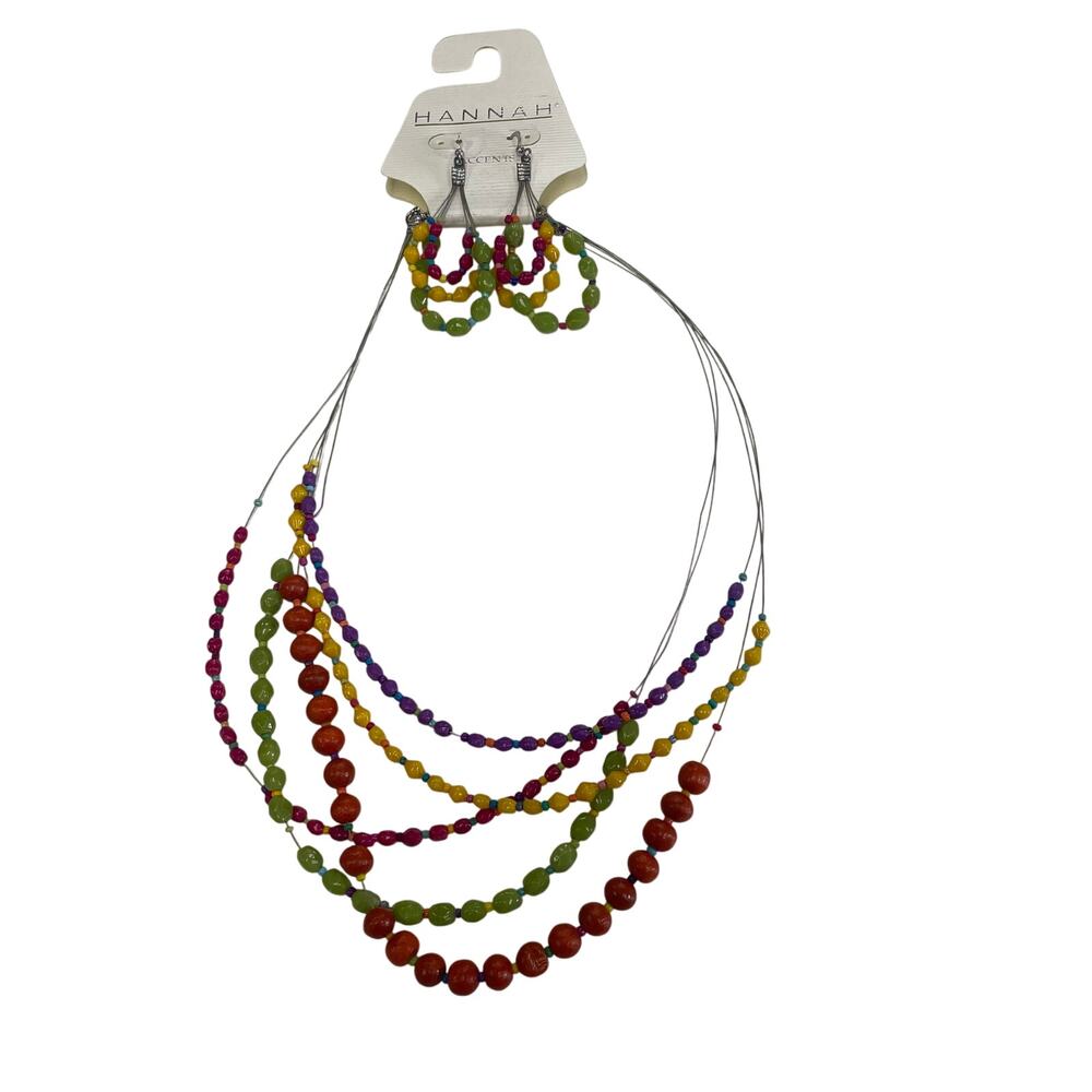 NWT Y2K Hannah Multicolor Beaded Layered Wire Strand Necklace + Earring Set